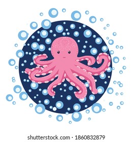 Happy Pink Octopus Cartoon Mascot Character. Marine inhabitants, Scandinavian style, hand drawn