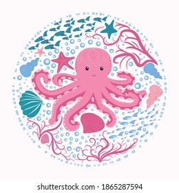 Happy Pink Octopus Cartoon Mascot Character. Marine inhabitants, Scandinavian style, hand drawn