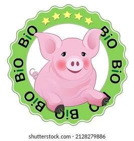 Happy pink pig, BIO quality seal with 5 golden stars,
Vector illustration isolated on white background
