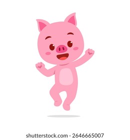 Happy Pink Pig Cartoon Character Standing on Two Feet with Arms Up on White Background