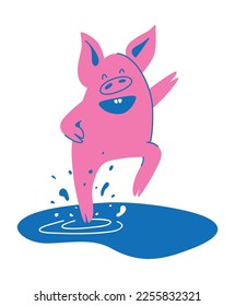 A happy pink pig is dancing. National Pig Day. Piglet jumps in a puddle, splashing water around. Mascot for presentations and banners. Flat cartoon illustration. Circles on the water.