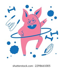 A happy pink pig goes in for sports. National Pig Day. Piglet twists the hoop around his waist. Mascot for a sports club. Flat cartoon. Set of sports equipment for fitness.
