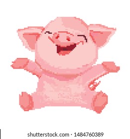 happy pink pig. pixel graphics, vector.