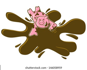 A happy pink pig rolls in the mud/Vector Pig Illustration