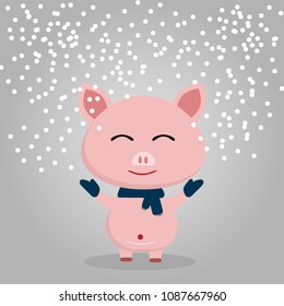 happy pink pig scarf around the neck gray background snow falls from the sky new year concept