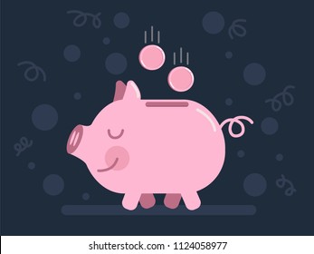 happy pink piggy bank with falling coins in it against the background of confetti