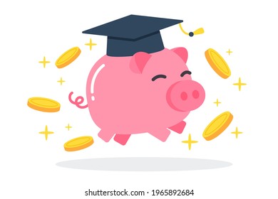 Happy pink piggy bank with graduation cap and floating golden coins. The creative concept idea of saving money for education. Simple trendy cute cartoon vector illustration. Flat style graphic icon.