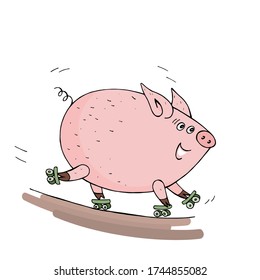 Happy pink piglet rides roller skates down the street