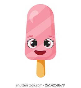 Happy pink popsicle with big smiling eyes and glossy texture, isolated on white background, great for kids food designs, summer products