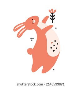 Happy pink rabbit with flower and hearts. Cartoon character of cute bunny isolated on a white background. Happy easter, valentine's day. Hand drawn childish illustration in trendy minimalist style