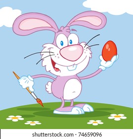 Happy Pink Rabbit Painting Easter Egg Vector Illustration