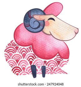 Happy pink sheep. Watercolor painting, chines style