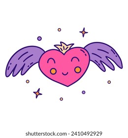 Feliz corazón rosado sonriente con alas y corona. Estrellas por ahí. Día de San Valentín. 14 de febrero. Dibujo vectorial aislado colorido, mano dibujada sobre fondo blanco. Impresión de amor de vacaciones