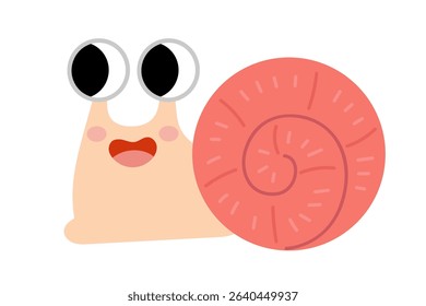Happy pink snail with a spiral shell in flat kawaii style. A cute nature animal character, great for preschool crafts, kids books, and learning materials. Isolated Vector Illustration