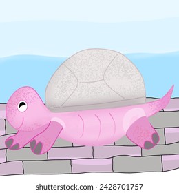 A happy pink turtle, ocean backdrop, color drawing art.