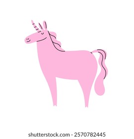 Happy pink unicorn icon. Funny pony with horn. Fairy horse with furry mane and tail. Magic girlish animal from fairytales. Imagination element. Flat isolated vector illustration on white background