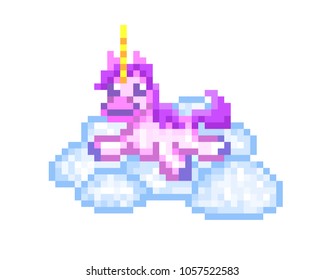 Happy pink unicorn lying on a blue cloud, cartoon pixel art character isolated on white background. Fantastic creature resting in the sky. Magic animal. Fairytale mascot. Arcade video game graphics.