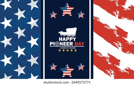 Happy Pioneer Day. American flag and more. Great for posters, banners and social media. Blue background.