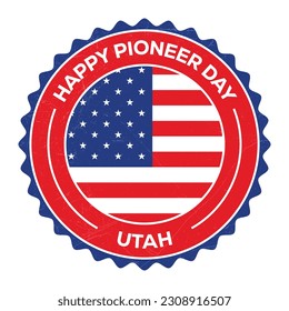 Happy Pioneer Day Badge, Emblem, Seal, Stamp, Rubber, T shirt, Sticker, Label Design With USA National Flag and Grunge Texture, Retro Vintage Style Vector Illustration