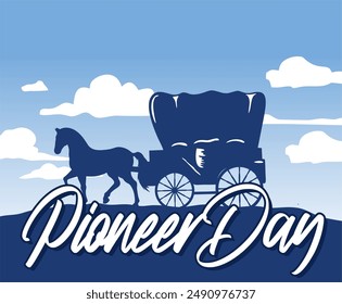 happy pioneer day with horse caravan silhouette