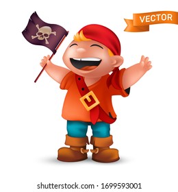 Happy pirate boy with jolly Roger or crossed bones skull on black waving flag. Vector illustration of laughing kid character dressed in orange t-shirt and red headscarf isolated on white background
