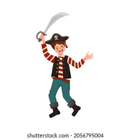 Happy pirate boy with saber and cocked hat. Joyful kid in carnival costume waving sword. Festive clothing for Halloween, holiday and children design