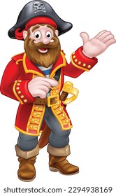 A happy pirate cartoon captain character mascot pointing 