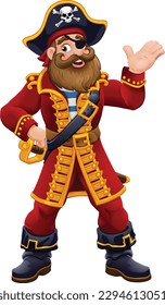 A happy pirate cartoon ship captain character mascot man.