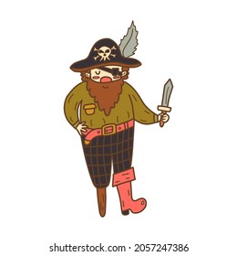 Happy pirate with a dagger in hand and in a hat with a feather. Adult man with a beard is standing and smiling. Colorful vector isolated illustration hand drawn outline