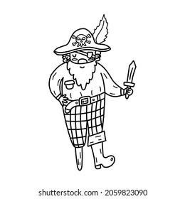 Happy pirate with a dagger in hand and in a hat with a feather. Adult man with a beard is standing and smiling. Black and white vector isolated illustration hand drawn doodle