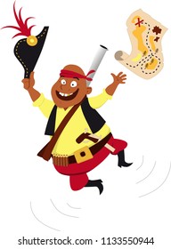 Happy pirate jumping and throwing a treasure map in the air, EPS 8 vector illustration