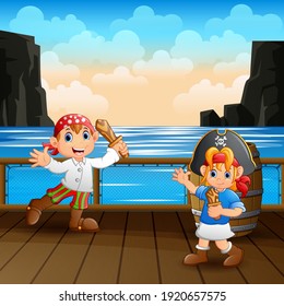 Happy pirate kids on a deck illustration