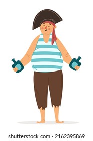 Happy pirate with two bottles of rum. A chubby drunk cabin boy on a ship. Vector character illustration in flat style. Man isolated on white background for stickers, card design and baby products