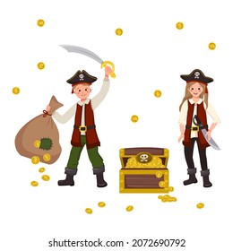 Happy pirates boy and girl with saber, cocked hat, bag of coins and chest of gold. Joyful children in carnival costumes. Festive clothing for holiday, New Year and kids party. Vector flat illustration