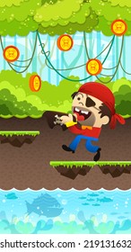 Happy pirates is to get coins, Funny pirates game, Platform Game , illustrator Vector