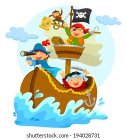 happy pirates sailing in their pirate ship