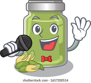 Happy pistachio butter singing on a microphone