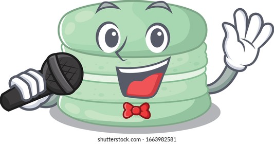 Happy pistachio macaron singing on a microphone