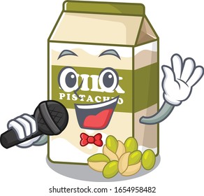 Happy pistachio milk singing on a microphone