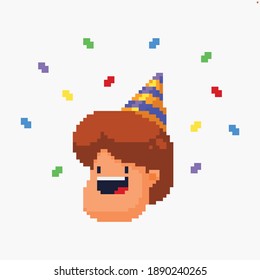 Happy Pixel Art Character In Birthday Hat With Falling Confetti