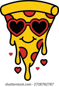 Personagem feliz da pizza com elementos do coração Valentine Celebration Design design completo personalizável. isolado no fundo transparente