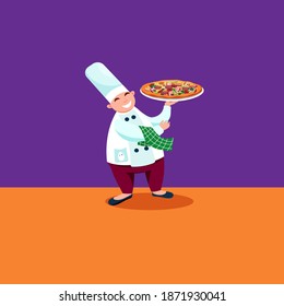 Happy pizza chef holding big hot pizza in his hand. Cartoon style
