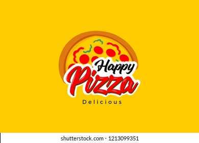 Happy pizza delicious logo template with type of pictorial colorful logo. Can use for corporate brand identity, culinary, food truck, cafe, and delivery