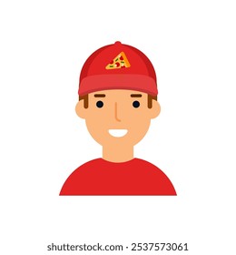 Happy pizza delivery man in red clothes and cap. Color flat cartoon style. White background. Vector image.