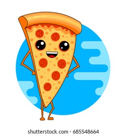 The happy pizza. Flat line pizza slice. Cute vector emoticons. Emojis fast food.