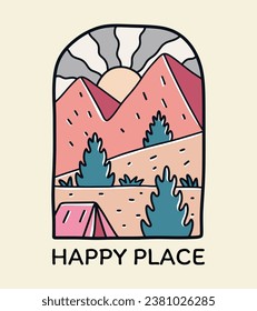  Lugar feliz para acampar naturalezas de aventura pegatina gráfico ilustración vectorial arte diseño camiseta