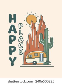 Lugar feliz es el parque de caravanas en el desierto vibes ilustración para insignia, emoticono, parche, diseño de camisetas, etc