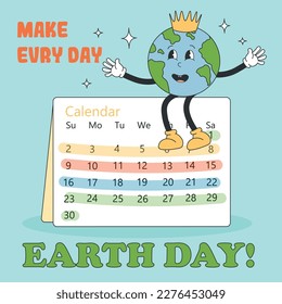 Happy planet earth in a crown on the calendar surrounded by stars with text