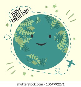 Happy Planet Earth day, April 22 ecology celebration. greeting card. vector background with sky and planet. Airplane with route around the globe. Flat vector illustration. Environmental design