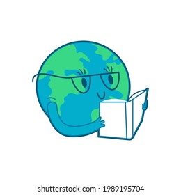 Happy Planet Earth in Glasses Hold Book and Read. Modern Flat Vector Illustration. Social Media Template.